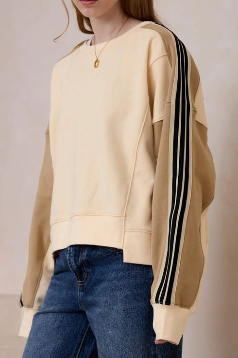 'Stellarae' Striped Long Sleeve Beige Sweater - Celes Fashion